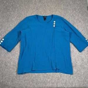 Ali Miles‎ Sea Blue Crinkle Gauze 3/4 Sleeve Buttoned Tunic Top Women's Size 2X